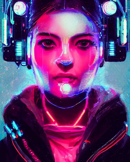 Prompt: detailed portrait neon operator woman, cyberpunk futuristic neon, reflective puffy coat, decorated with traditional japanese ornaments by ismail inceoglu dragan bibin hans thoma greg rutkowski alexandros pyromallis nekro rene maritte illustrated, perfect face, fine details, realistic shaded, fine - face, pretty face