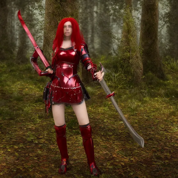 Image similar to a girl with long red hair wearing a red plate armor and holding a big red sword in a forest, 3d render, octane render, unreal engine 5, 8k hdr, hyperrealistic, highly detailed, high quality, concept art, trending on Artstation, full-body armor