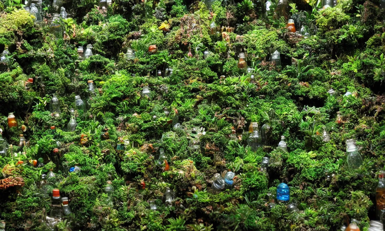 Image similar to terrarium worlds made of lush rainforests in mccartney bottles 8 k /