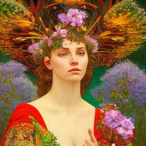 Prompt: a portrait oil painting of a singular beautiful female godess of spring with colorful flowers, holy geometry, tarot card style, by Mohrbacher and Moebius and Alphonse Mucha and Roger Deakins, cinematic lighting, masterpiece, golden ratio background, highly detailed, 8k resolution, trending on art station