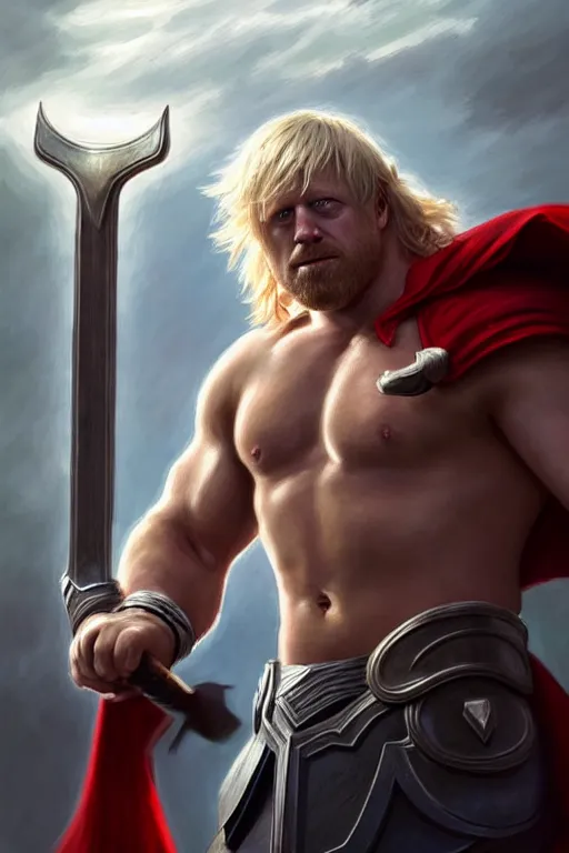 Image similar to Boris Johnson as Thor with Hammer, Thor armor, Thor hammer, masculine bodybuilder figure, highly detailed, digital painting, artstation, concept art, smooth, sharp focus, illustration, cinematic lighting, art by artgerm and greg rutkowski and alphonse mucha