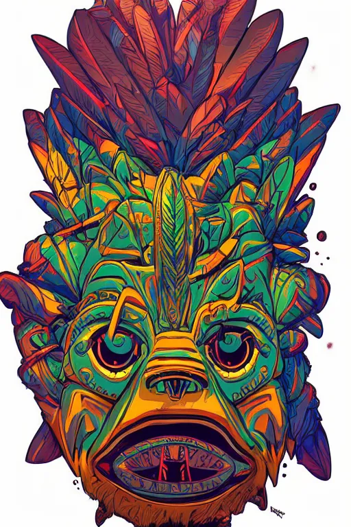 Image similar to totem animal mask tribal feather gemstone plant wood rock shaman vodoo video game vector illustration vivid color borderlands by josan gonzales and dan mumford radiating a glowing aura