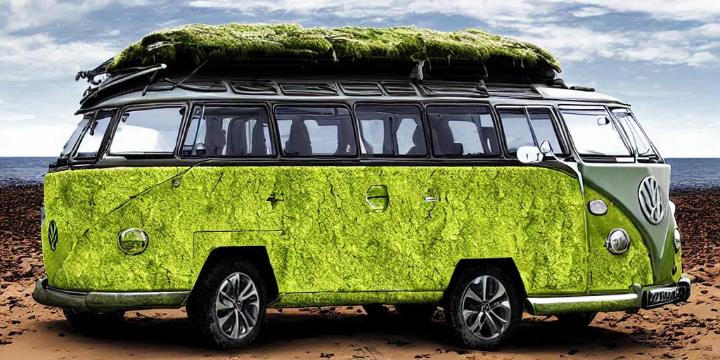 Image similar to dessert where a vw campervan is sinking in the sand and covered with moss corroding ,digital art, high detail, hyper realistic,