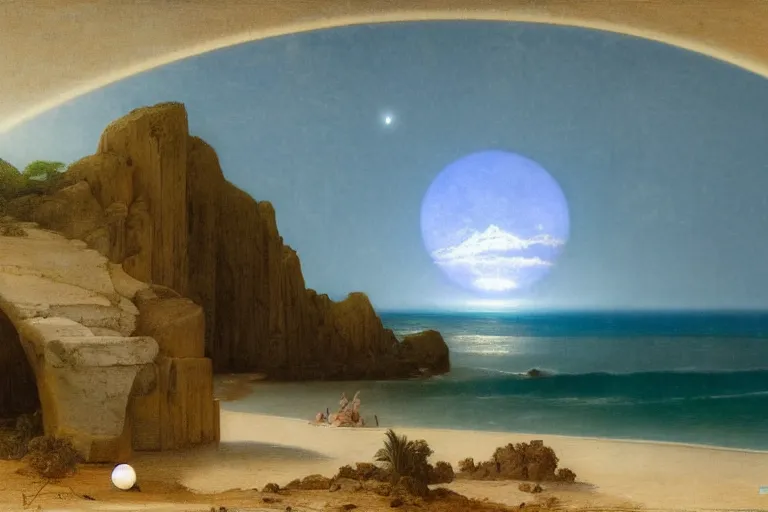 Image similar to The beach arch, refracted moon on the ocean, thunderstorm, greek pool, beach and Tropical vegetation on the background major arcana sky and occult symbols, by paul delaroche, hyperrealistic 4k uhd, award-winning, very detailed paradise