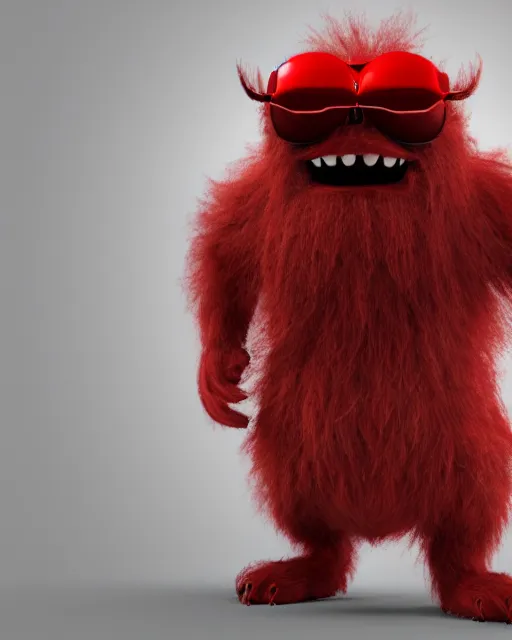 Prompt: 3 d render of completely red hairy friendly monster wearing chrome shades, full body, simple, cute, white background, unreal engine 5 hdr