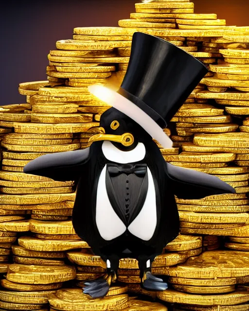 Image similar to oil painting of steampunk penguin wearing top hat sitting on pile of gold, full body, sharp focus, fantasy style, pile of gold coins on the ground, golden steampunk treasury background, octane render, volumetric lighting, 8k high definition, by greg rutkowski, highly detailed, trending on art Station