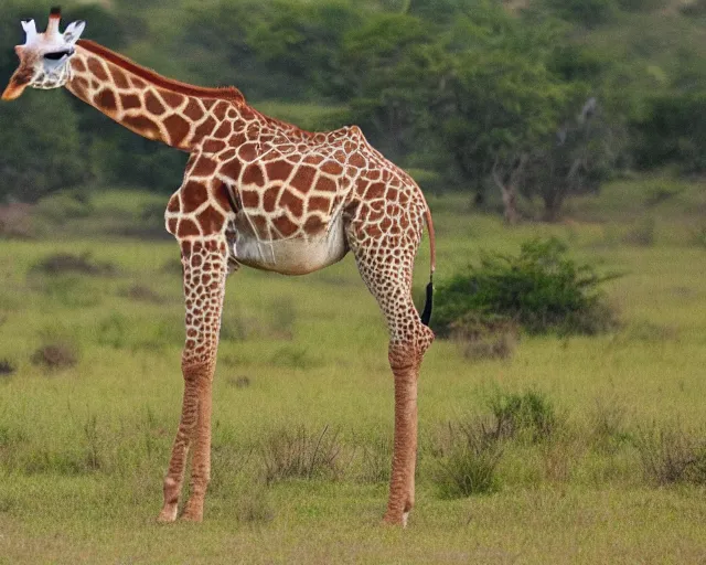 Prompt: a full picture of a whole one giraffe with a short neck in savana