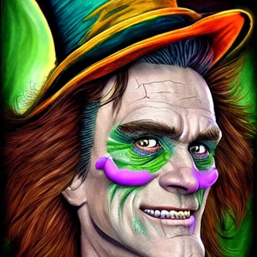 Prompt: Jim Carrey as mad hatter. epic game portrait. Highly detailed. D&D art by Michelangelo