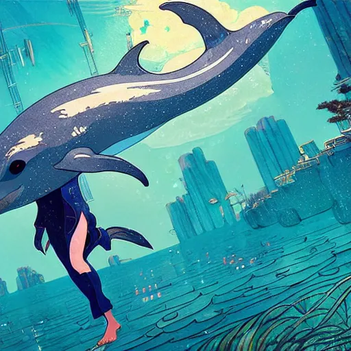 Image similar to a beautiful hyperdetailed character design 4 k wallpaper illustration of a cute dolphin, ciyt by the sea, victo ngai cyberpunk style, from china, style of studio ghibli, makoto shinkai, raphael lacoste, louis comfort tiffany, artgerm, james jean, ross tran, chinese style