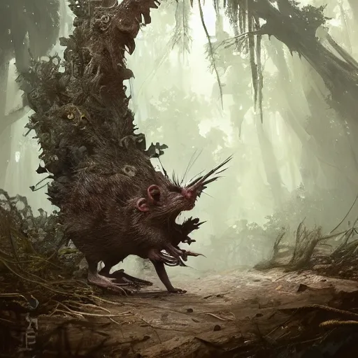 Prompt: a rat creature, in the shape of a tree, in a corrupted forest, by greg rutkowski, trending on art station, highly detailed, magic the gathering, matte painting