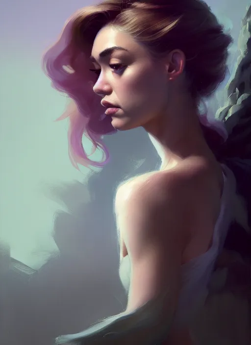 Image similar to side portrait, imogen poots, paladin, gloomhaven, organic painting, hard edges, gradient monochromatic color, luminescent, octane render, by greg manchess, huang guangjian, gil elvgren, sachin teng, greg rutkowski, jesper ejsing, rhads, ilya kuvshinov, cushart krenz