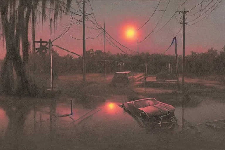 Image similar to scene from louisiana swamps, old protestant church with neon satanic pentagram, junkyard by the road, boy scout troop, voodoo artwork by tim eitel