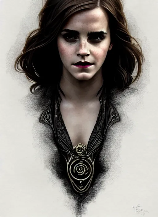 Image similar to portrait of emma watson as a vampire queen, jewelry, greek, black, intricate, headshot, highly detailed, digital painting, artstation, concept art, sharp focus, cinematic lighting, illustration, art by artgerm and greg rutkowski, alphonse mucha, cgsociety