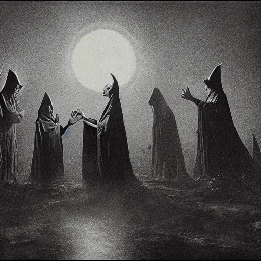 Prompt: evil baptism, ritual, in the middle of a graveyard, full moon, sorcery, wild agony, award - winning, dangerous, scary, 1 8 year limit, oscar, 8 k, cinematic lighting, beksinski, bradley, otherworldly, andre le notre, psychedelic, 1 9 6 0 s, the thing, nosferatu