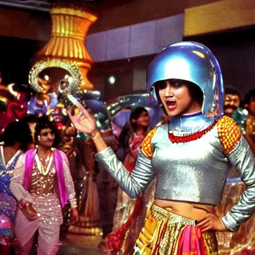 Image similar to 1 9 8 0 s bollywood movie, an elephant wearing a silver latex suit and an iridescent metal helmet surrounded by women dancing in colorful flowing intricate dresses on a tropical alien planet