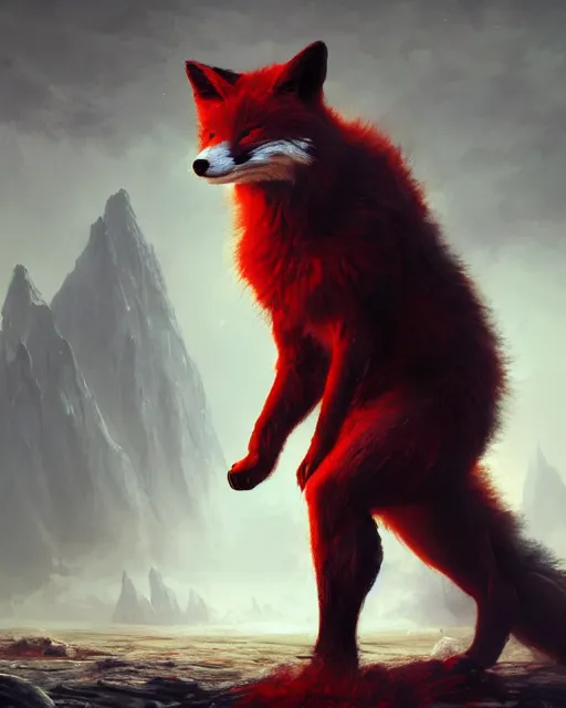 Prompt: oil painting of Angry Anthropomorphized Fox Berserker, wearing red fur, claws, sharp focus, attack pose, fantasy style, octane render, volumetric lighting, 8k high definition, by greg rutkowski, highly detailed, trending on art Station, magic the gathering artwork, burning Battlefield background, centered