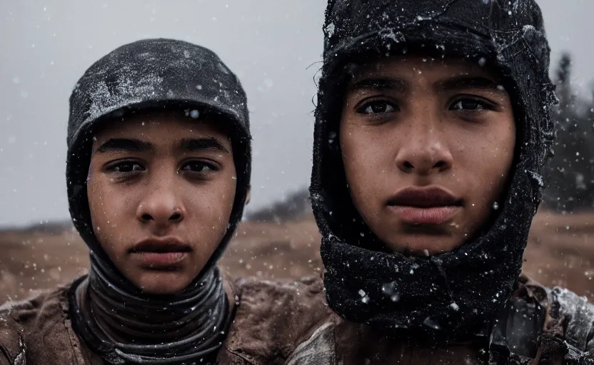 Image similar to cinestill 5 0 d candid photographic portrait by steven spielberg of a mixed teen wearing rugged black mesh techwear on a dirtbike through a desolate plain, extreme closeup, modern cyberpunk moody emotional cinematic, snow storm, 8 k, hd, high resolution, 3 5 mm, f / 3 2, ultra realistic faces, ex machina