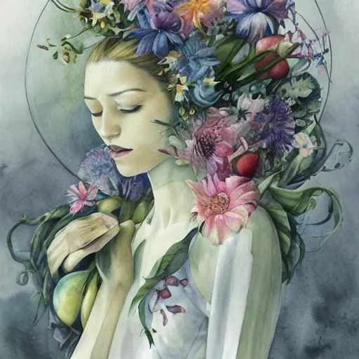 Prompt: watercolor kitchen with flowers by anna dittmann, by marco mazzoni, by stephanie law,