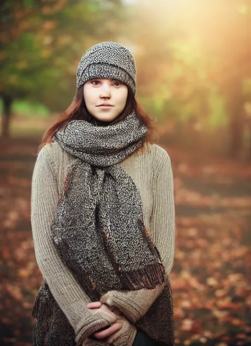 Prompt: portrait of a 2 3 year old woman, tree, symmetrical face, scarf, she has the beautiful calm face of her mother, slightly smiling, ambient light