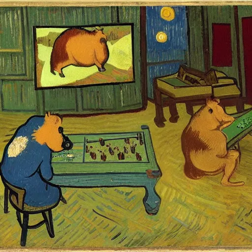 Prompt: two capybaras playing videogames by van gogh