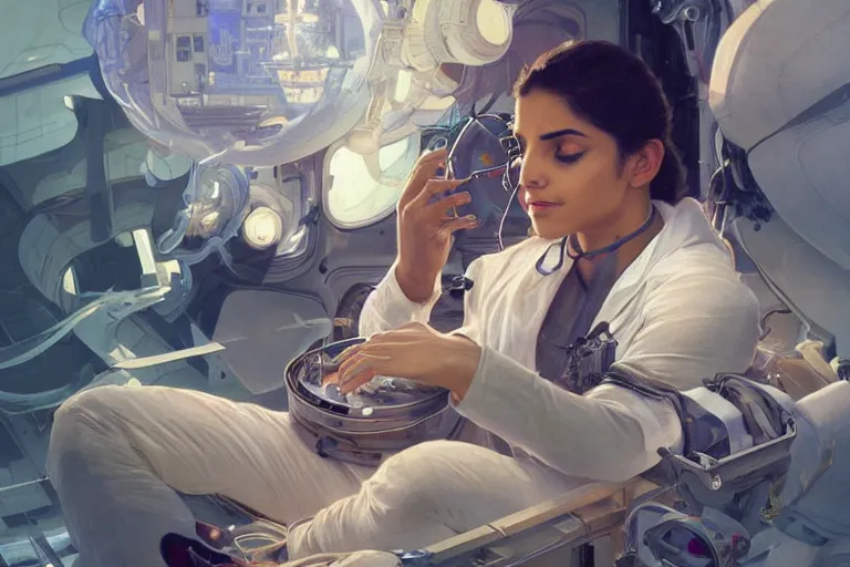 Image similar to Exhausted good looking pale young Indian doctors wearing jeans in a space station above Earth performing surgery, portrait, elegant, intricate, retrofuturistic digital painting, artstation, concept art, smooth, sharp focus, illustration, art by artgerm and greg rutkowski and alphonse mucha