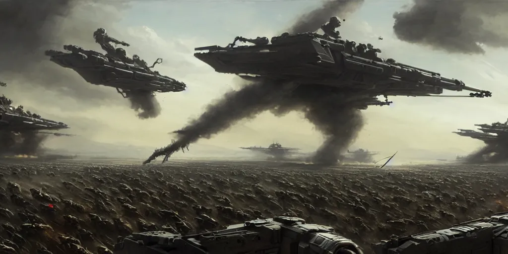 Image similar to hyper realistic sci - fi matte concept art painting of epic cinematic battle depicting soldiers deploying onto a battlefield from a drop ship, guns, missiles, explosions, beautiful details, strong composition painted by kim jung guweta studio rutkowski, james gurney and greg rutkowski, and lucasfilm, smooth, intricate, detailed, sharp focus, cinematic