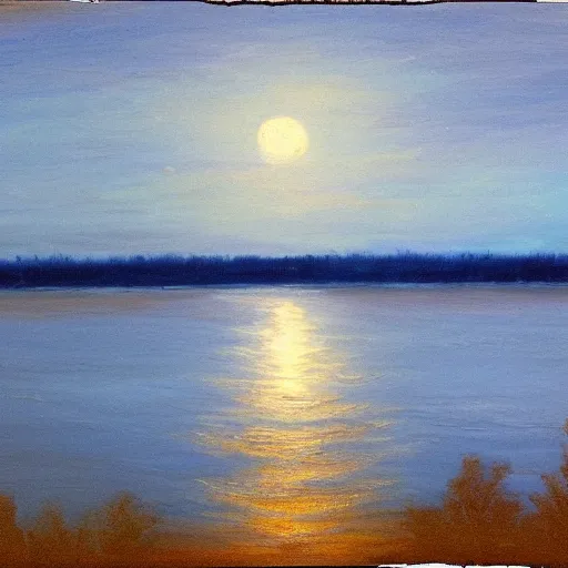 Prompt: mississippi river in the moonlight by bob ross,