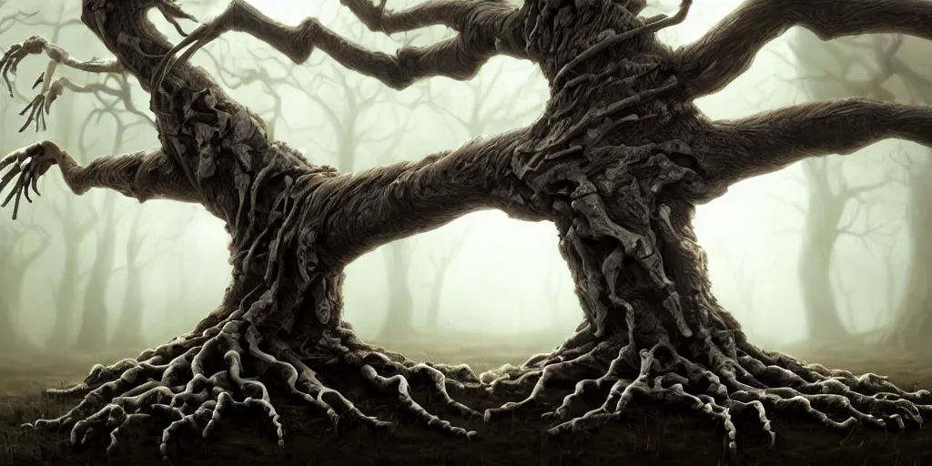 Prompt: a skeleton transforming into an oak tree, matte oil painting, concept art, dnd, branches, warm, clear, crisp, sharp, bones, award - winning, extremely detailed, 4 k, 8 k