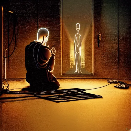 Prompt: A single monk kneeling with wires connecting him to a computer, Machines and wires everywhere, neon lights, creepy, dark shadowy surroundings, dystopian scifi, horror, Stefan Koidl inspired