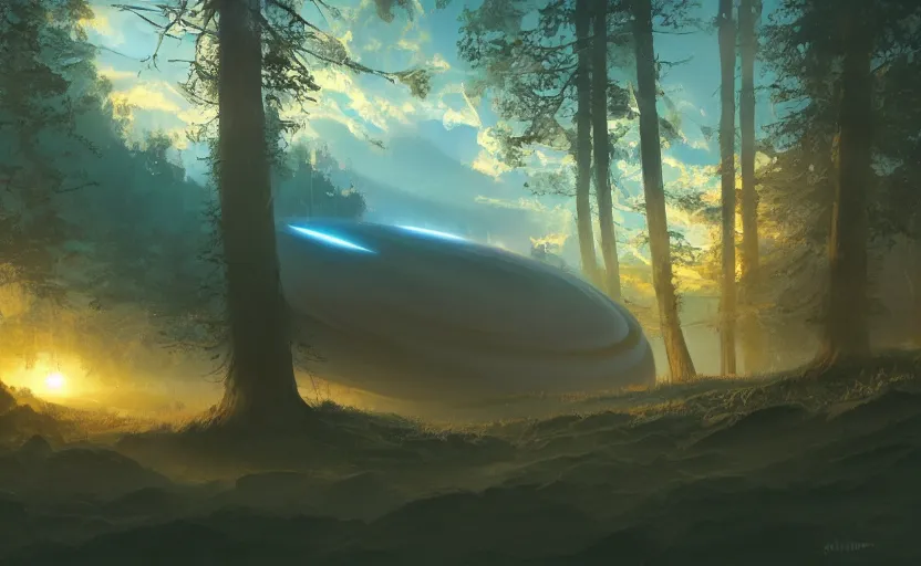 Prompt: digital sci-fi painting of a gigantic black sphere floating over the forest, concept art, beautiful sunset lighting, golden hour, 4k trending on artstation