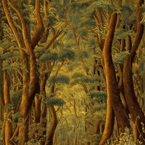 Image similar to a beautiful forest made of ivory and gold, highly intricate, digital art, very detailed, in the style of a flemish painting