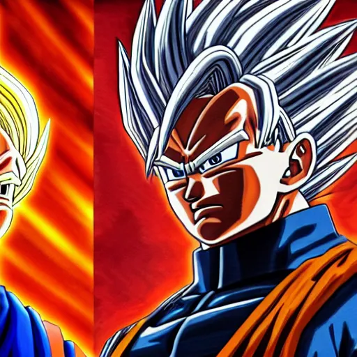 Image similar to ultra realistic portrait painting of joe biden as super saiyan goku, art by akira toriyama, 4 k, dragon ball artstyle, cel shaded, highly detailed, epic lighting