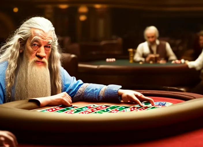 Image similar to film still of gandalf gambling in a casino in new martin scorsese movie, 8 k