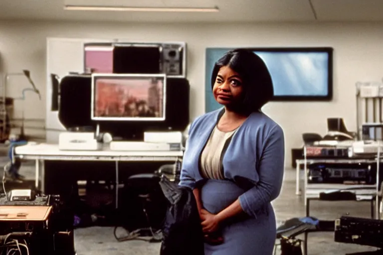 Image similar to cinematic screenshot of octavia spencer in a used electronics store standing in front of an old keyboard, iconic scene from the paranoid sci fi thriller film directed by pt anderson, apartment set in the near future, cinematic shot with anamorphic lenses, color theory, apartment design, leading lines, photorealistic, volumetric lighting, 2 0 2 2 4 k film