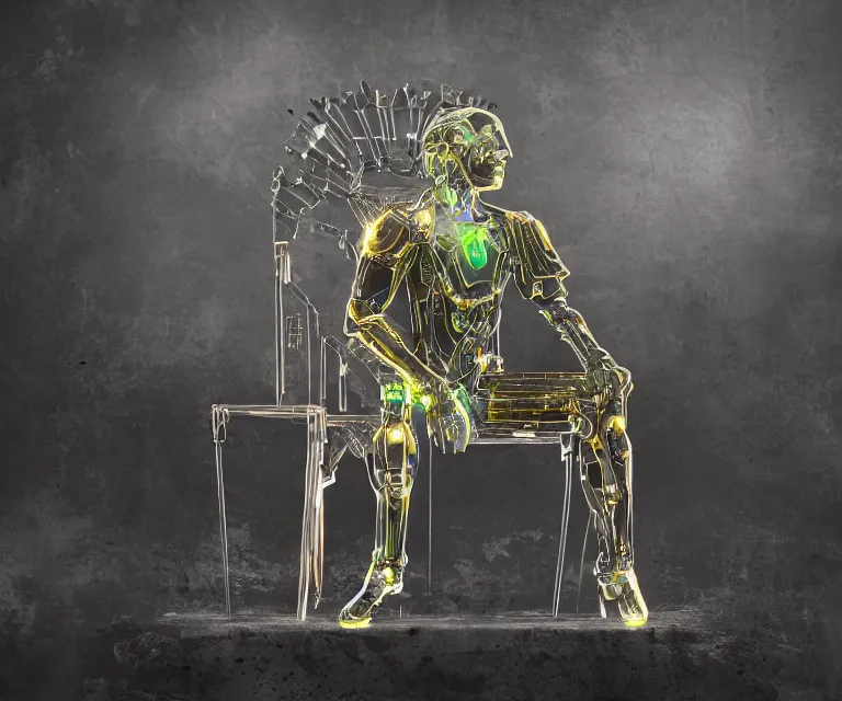 Image similar to translucent glowing cyborg sitting on a metal throne, futuristic castle as background, fantasy sci - fi, fine details, metallic, 2 0 0 mm focus, bokeh