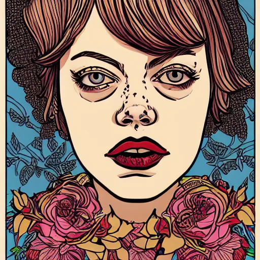 Image similar to detailed illustration of emma stone in flat colour, by james jean, by yukio shimizu