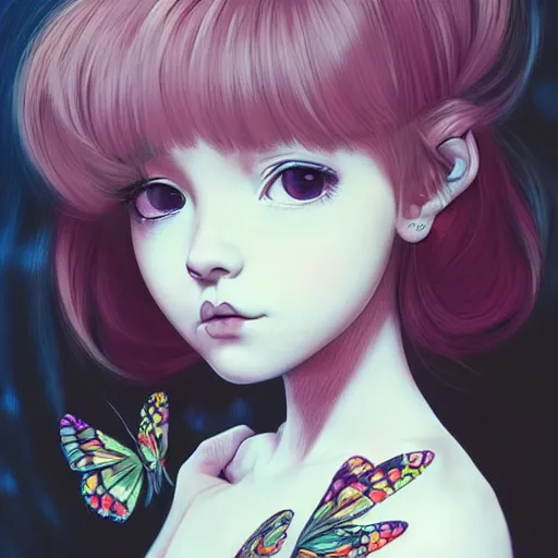 Prompt: tattooed little girl with butterfly in hair wearing an white dress. art by ilya kuvshinov, profile picture, inspired in hirohiko araki, highly detailed, 8 0 s anime art style, realistic, vogue cover