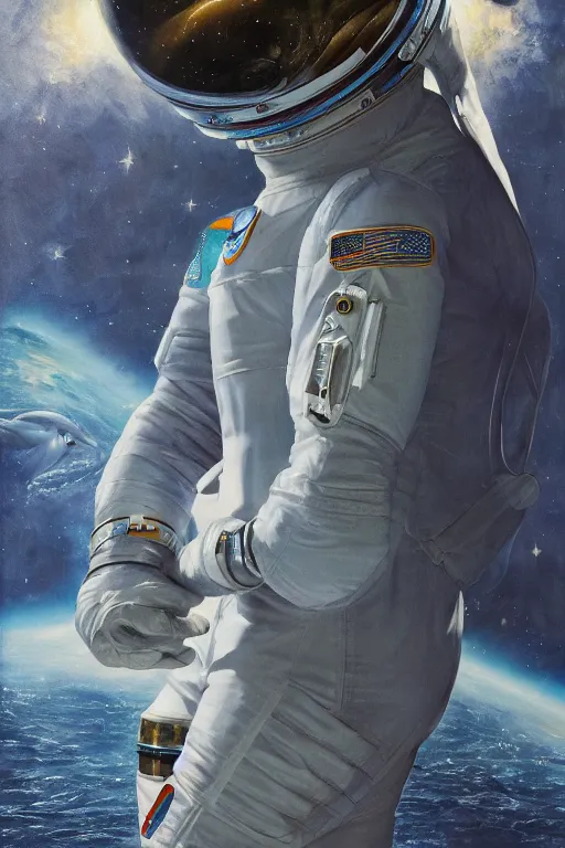 Image similar to dolphin shaped astronaut suit, dolphin, oil on canvas, intricate, portrait, 8 k highly professionally detailed, hdr, cgsociety