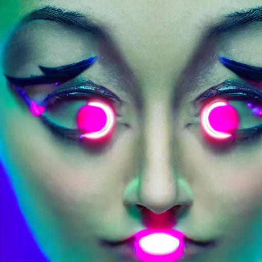 Image similar to cute young woman with robot ears and eyes, 4k, sharp focus, neon colored fluorescent lighting, René Laloux