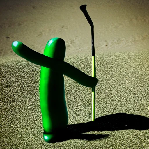 Prompt: a man made of cucumber holdingbb a golf club in the desert