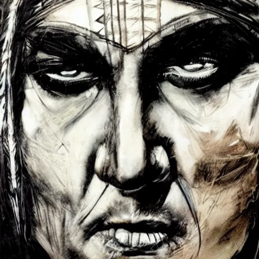 Image similar to A Native American warrior, war paint, realistic, sharp focus, 8k high definition, insanely detailed, intricate, elegant, art by Guy Denning