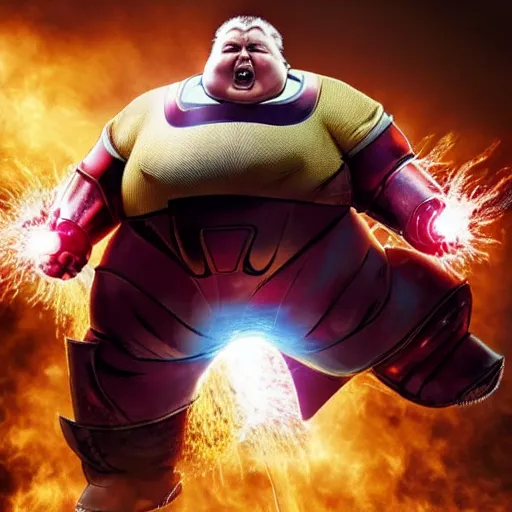 Prompt: Morbidly obese ironman goes super saiyan, marvel studios, pixar, film still