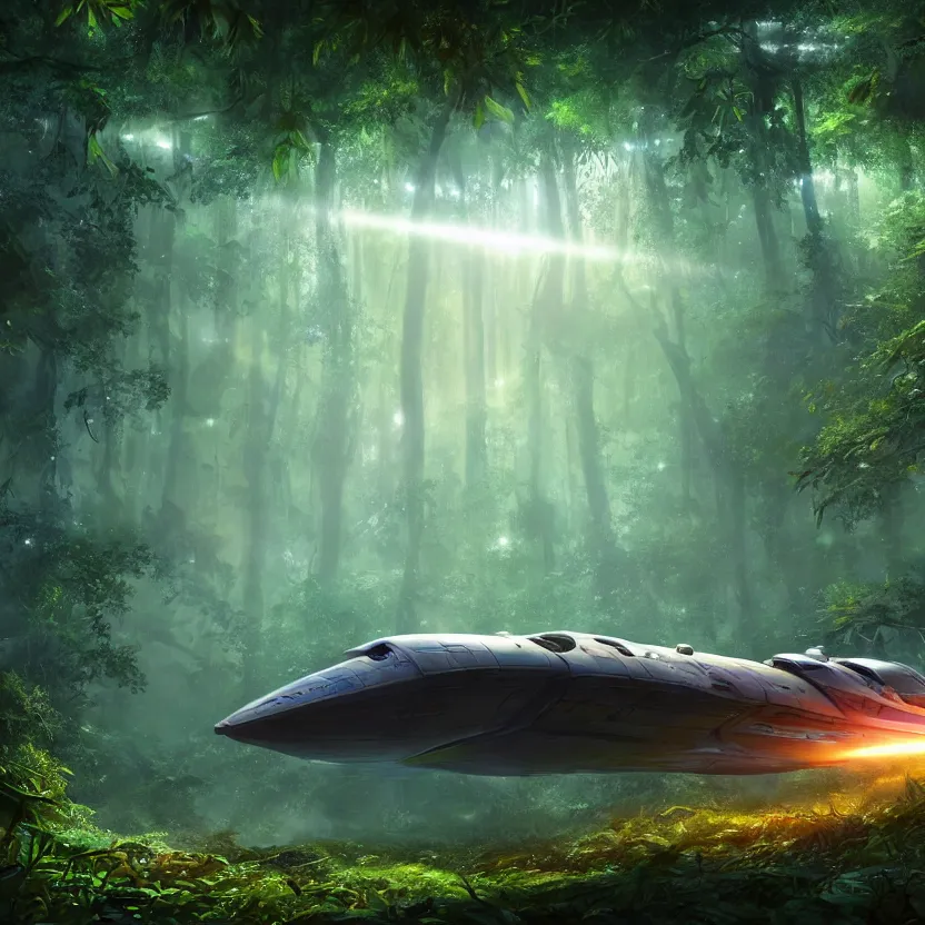 Prompt: a downed spaceship in a dense jungle, misty background, light rays, beautiful lighting, vivid colors, intricate, elegant, smooth, sharp focus, highly detailed digital painting, concept art, cinematic, unreal engine, 4 k wallpaper, trending on cgsociety, trending on artstation