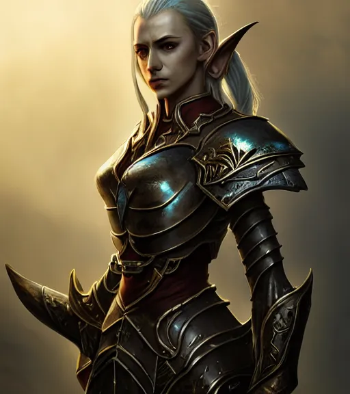 Prompt: unknown the elder scrolls vi charismatic rugged female high elf portrait clothed in metal - plated battle armour atmospheric lighting painted intricate volumetric lighting, beautiful, sharp focus, ultra detailed by leesha hannigan, ross tran, thierry doizon, kai carpenter, ignacio fernandez rios