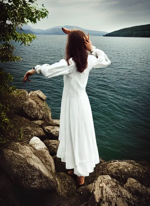 Prompt: photo, extreme long shot, woman posing, short wavy hair, round face, intricate white dress, lakeside, cottagecore!!, intricate, enlightened, highly detailed, smooth, sharp focus, inspired by artgerm, by marat safin, and alphonse mucha