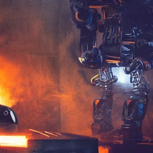 Image similar to toaster oven terminator robot, dark messy smoke - filled cluttered workshop, dark, dramatic lighting, orange tint, sparks, cinematic, highly detailed, sci - fi, futuristic, movie still