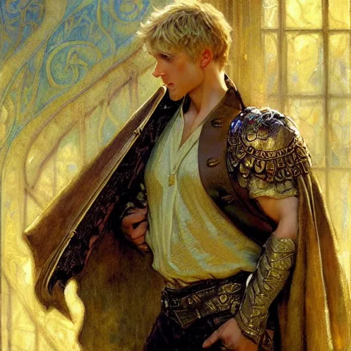 Image similar to handsome arthur pendragon in love with handsome merlin the mage. merlin is also in love with arthur. highly detailed painting by gaston bussiere, craig mullins, j. c. leyendecker