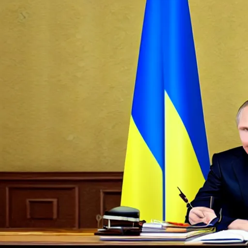 Image similar to valdimir putin sitting in a desk, a Ukrainian flag is behind him, 8k