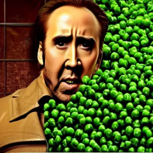 Prompt: nicolas cage trapped in a wicker cage being covered in peas, screaming, movie still, hdr