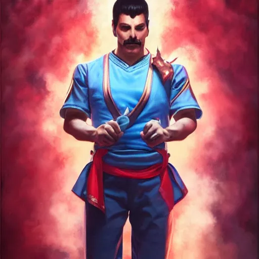 Image similar to ultra realistic freddy mercury from ryu from street fighter, portrait, 4 k, ultra realistic, detailed focused art by artgerm and greg rutkowski and alphonse mucha